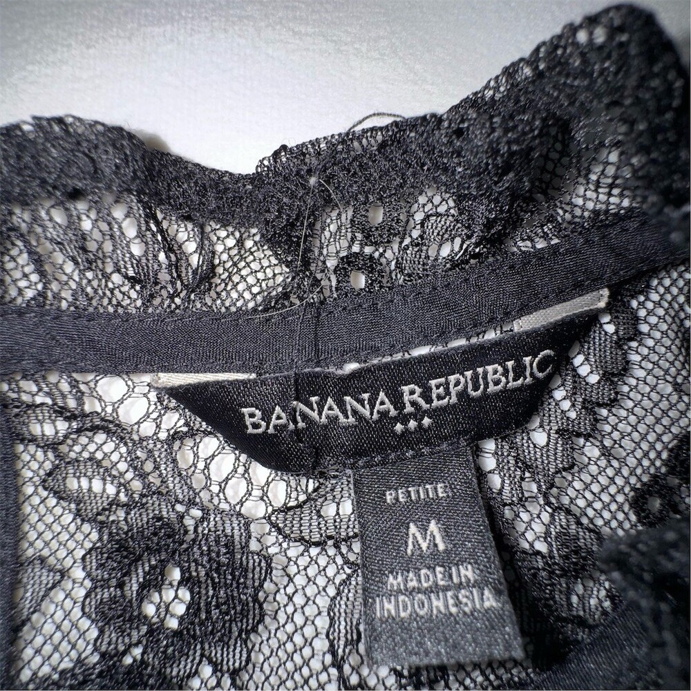 Banana Republic Blouse Womens M Petite Black Sheer Floral Lace High Neck Goth - Picture 8 of 12